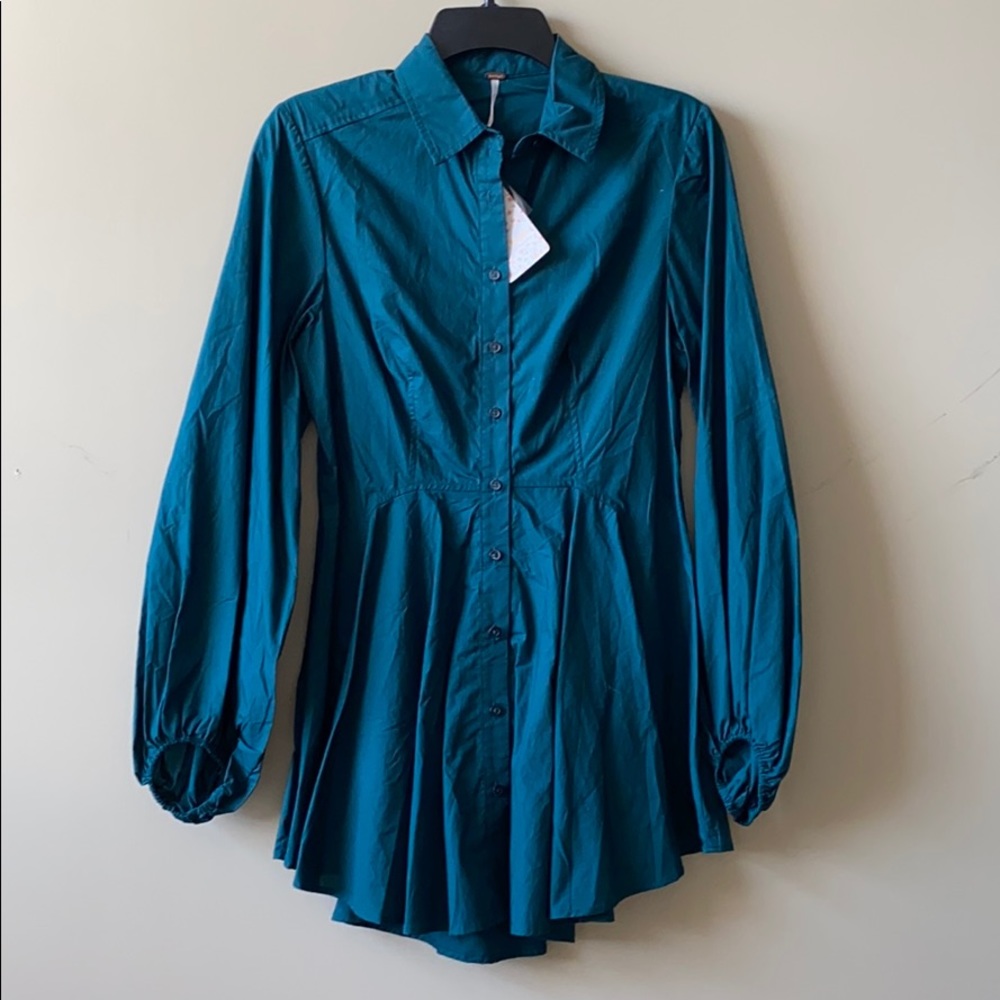 Free people Teal long sleeve peplum blouse Sz XS